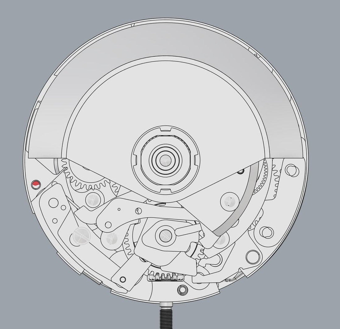 Detailed illustration of a watch mechanical movement with gears and components on a gray background