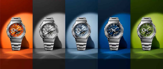 G-SHOCK腕時計5色展開、メタルバンドとカラフルダイアルが特徴