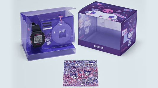 Black Baby-G digital watch with purple themed Kuromi character packaging and decorative sticker sheet