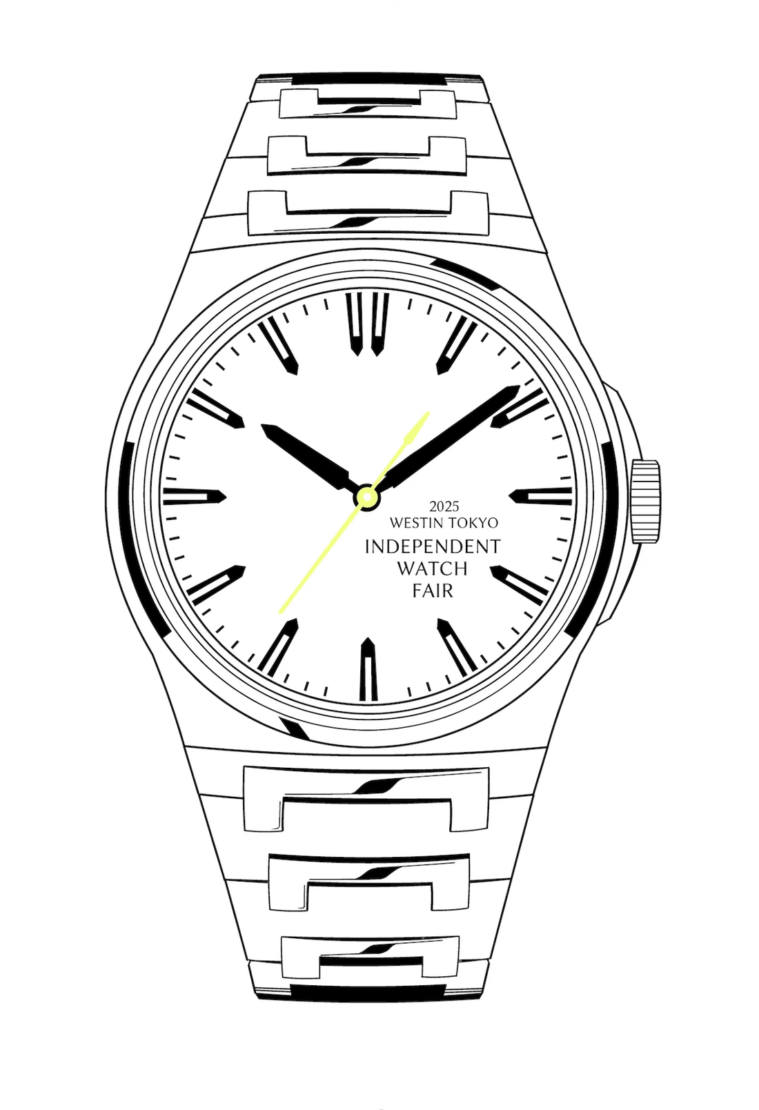 シルバー腕時計のイラスト、文字盤に2025 WESTIN TOKYO INDEPENDENT WATCH FAIRの文字入り
