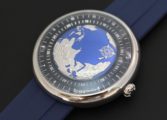 CONTÉVANOU luxury world map dial wristwatch with blue strap and 3D globe design