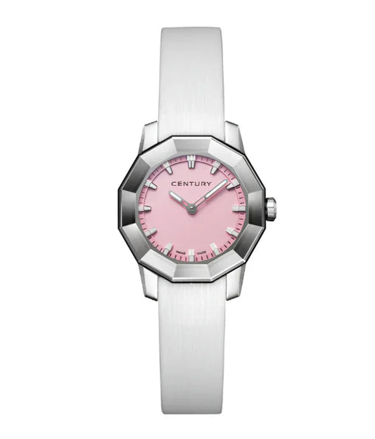 Ladies' luxury watch with octagonal stainless steel case, pink dial, and white strap