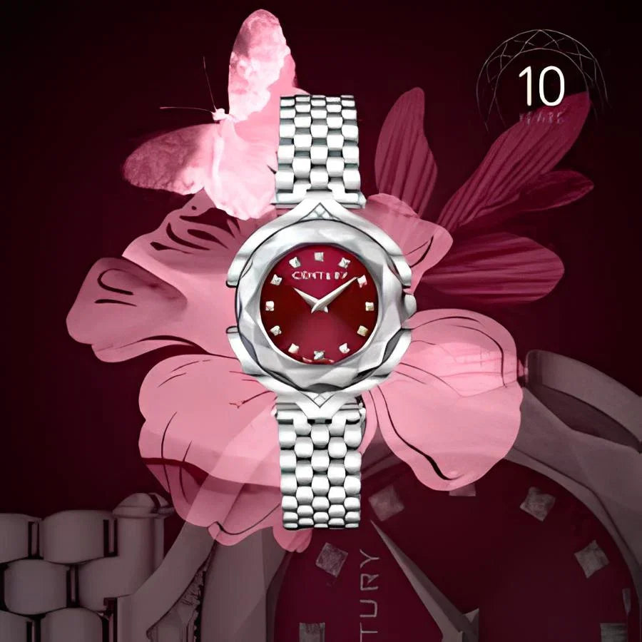 CONTÉVANOU luxury silver watch with red dial and diamond markers against pink floral and butterfly background