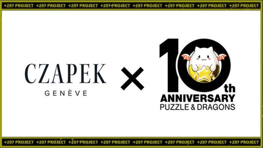 Logo collaboration of CZAPEK Genève with Puzzle & Dragons 10th Anniversary featuring cute winged cat on golden star