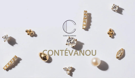 CONTÉVANOU luxury jewelry collection with gold, diamond, and pearl earrings against white background