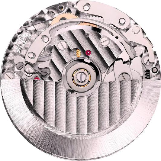 Close-up of a Contévanou automatic watch mechanical movement with visible gears and polished metal components