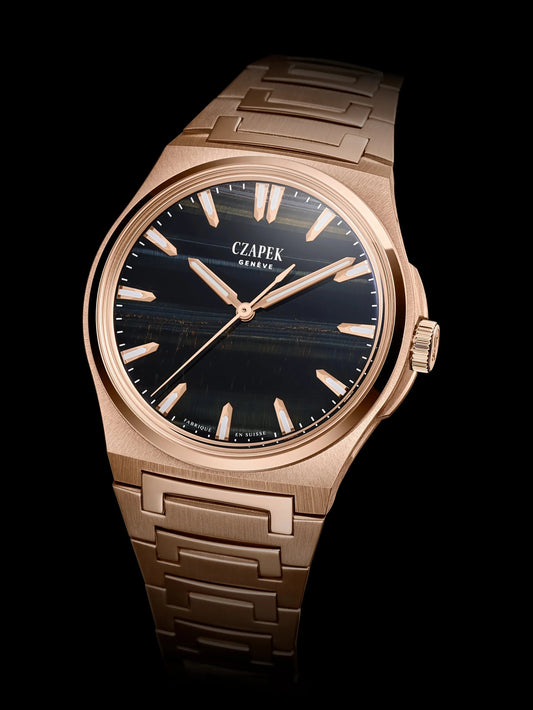 CZAPEK GENÈVE ローズゴールド腕時計。黒文字盤と幾何学的デザインのブレスレットが特徴的な高級機械式時計。