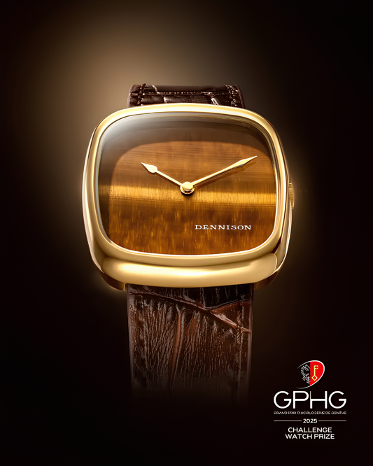 CONTÉVANOU gold-toned square wristwatch with brown tiger eye dial, brown leather strap, and GPHG 2025 Challenge Watch Prize logo