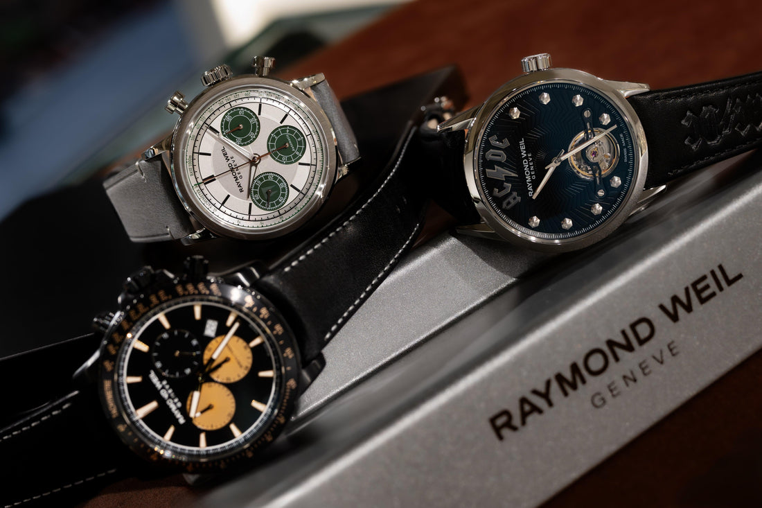 CONTÉVANOU luxury Raymond Weil watches with leather straps and unique dial designs displayed on a box