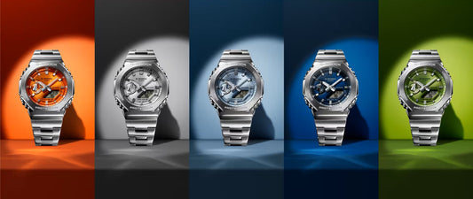 Contévanou collection: five G-Shock Casio wristwatches with stainless steel bands in orange, gray, light blue, dark blue, and green backgrounds
