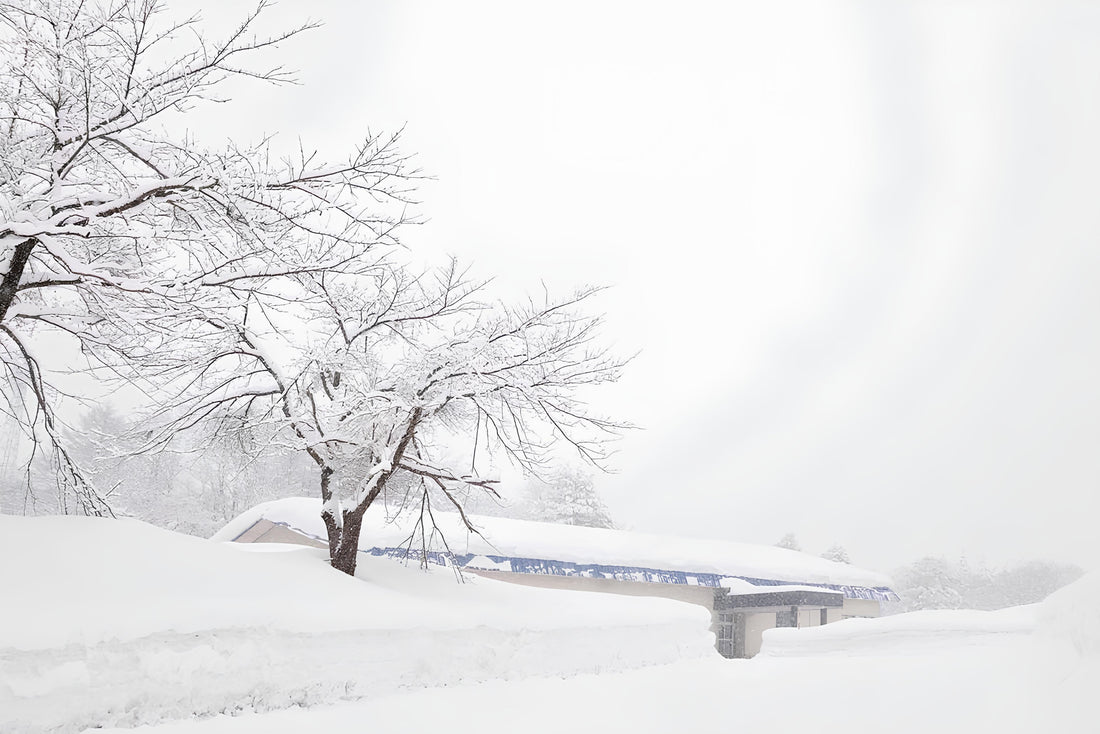 Snow-covered traditional house with bare trees and thick snowdrifts in a quiet winter landscape