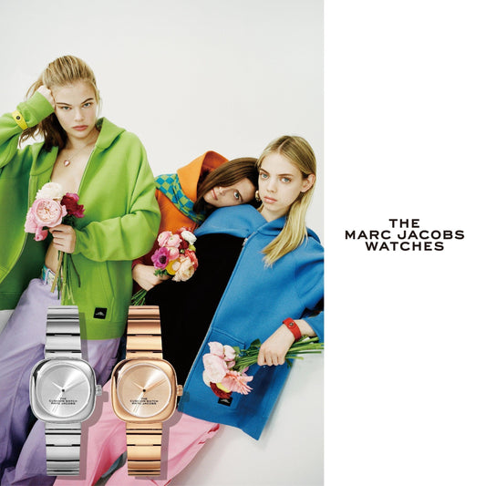 CONTÉVANOU Marc Jacobs watches promo with three women in colorful jackets holding flowers