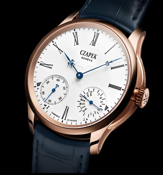 CONTÉVANOU luxury mechanical watch with white dial, Roman numerals, blue hands, and leather strap