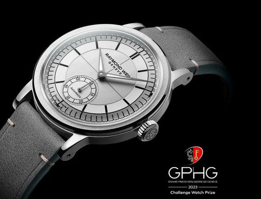 レイモンドウェイルの自動巻き腕時計、グレー革ベルト、GPHG2023受賞モデル