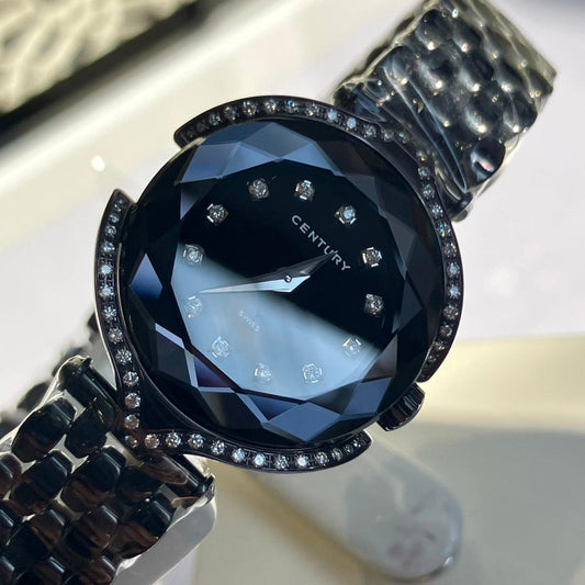 Luxury black Century wristwatch with diamond hour markers and bezel on metal bracelet