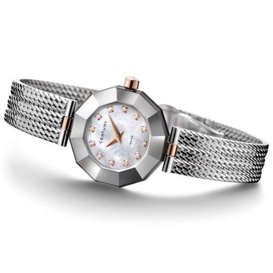 Contévanou elegant silver wristwatch with faceted bezel, mother-of-pearl dial, and mesh bracelet