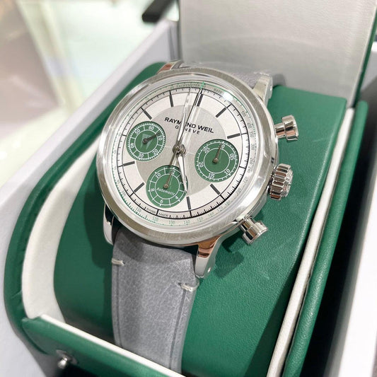 Raymond Weil Genève automatic chronograph watch with green subdials and gray leather strap in green and white box
