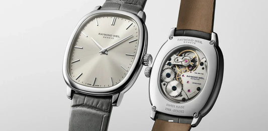 Elegant Raymond Weil mechanical wristwatch front and back, silver dial, visible movement gears