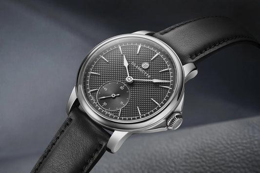 Contévanou Glashütte wristwatch with textured black dial, stainless steel case, and black leather strap