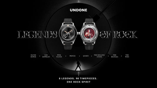 UNDONE Legends of Rock wristwatches with vinyl record background, featuring iconic rock legends themes