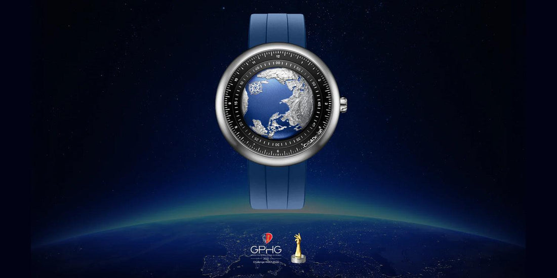 Contévanou watch with blue strap and globe dial design, showcasing world time in a cosmic background