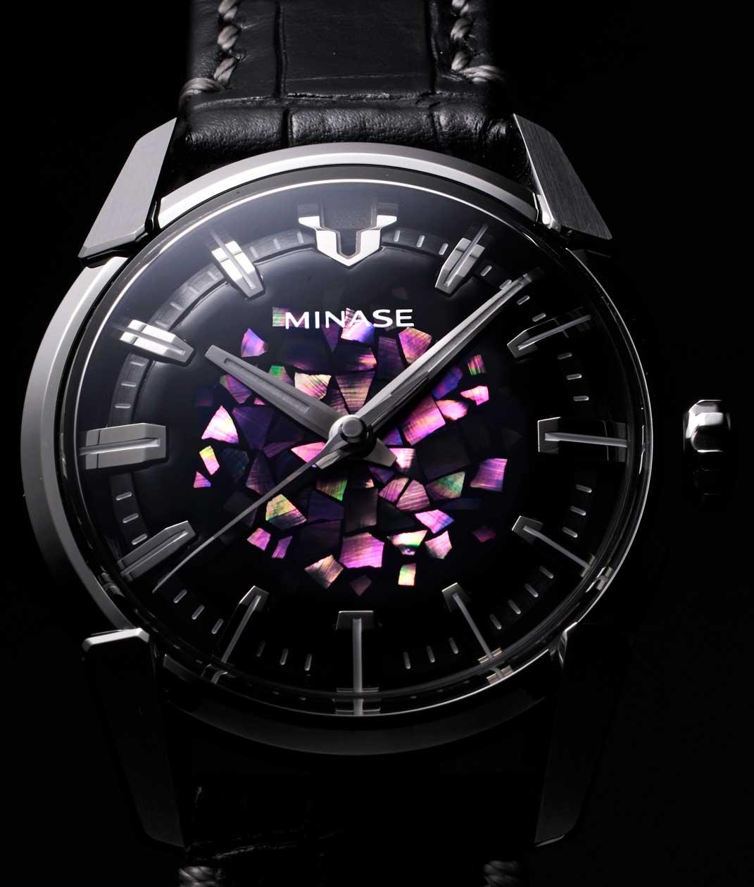 Minase luxury mechanical wristwatch with iridescent mosaic dial and black leather strap