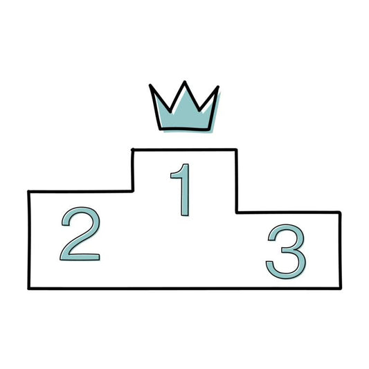Minimalist winner's podium illustration with numbers 1, 2, 3 and a blue crown symbol for ranking
