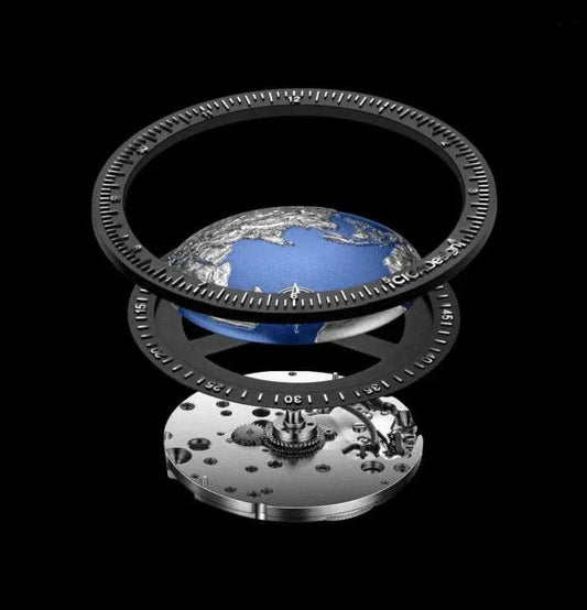 Watch mechanism with rotating globe and black dial rings illustrating world time concept by CONTÉVANOU