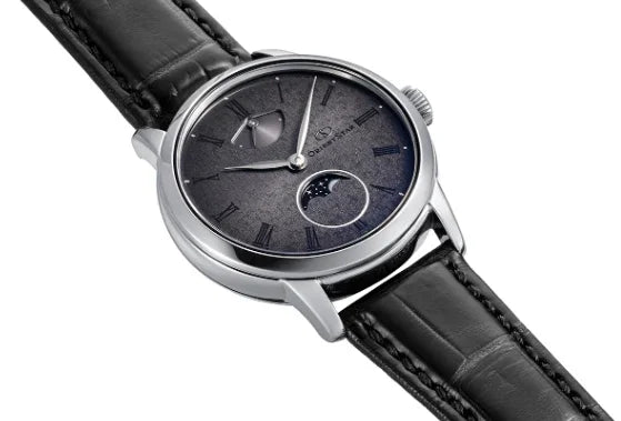 Luxury black leather strap wristwatch with moon phase and subdial complications