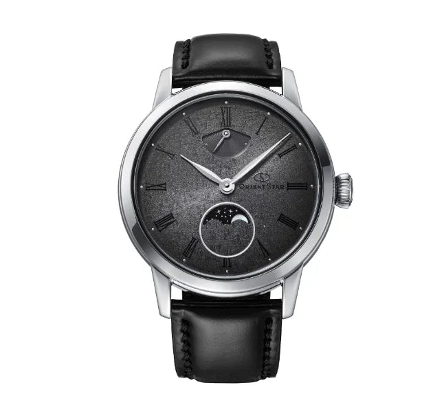 Luxury black leather wristwatch with moon phase and power reserve, classic analog dial