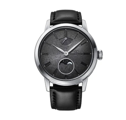 Luxury black leather wristwatch with moon phase and power reserve, classic analog dial