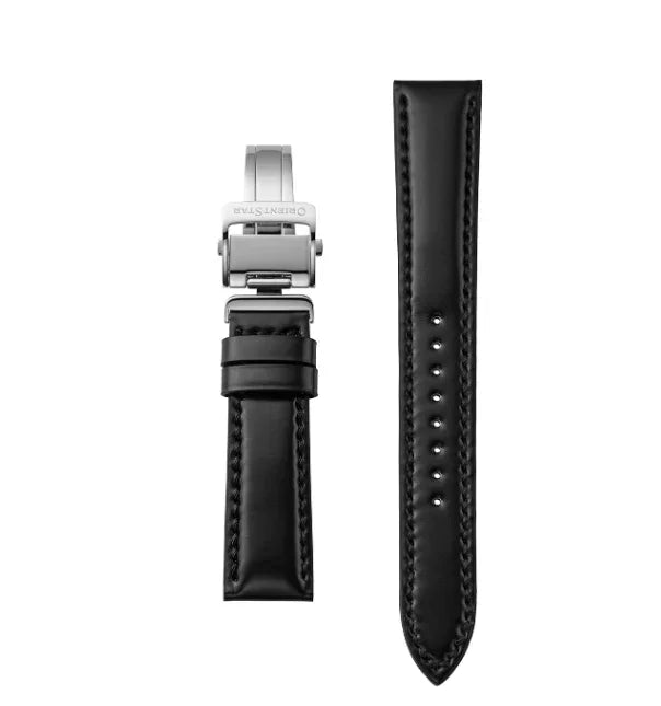 Black leather watch strap with stainless steel deployment clasp, premium replacement accessory