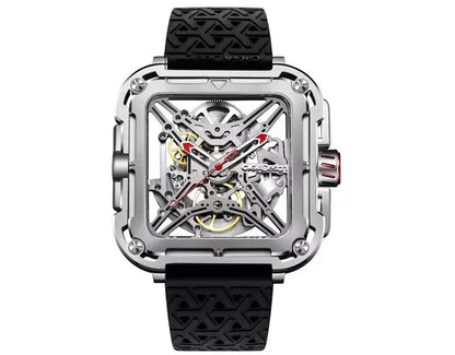 スクエア型シースルー機械式腕時計、ブラックラバーバンド、モダンデザイン