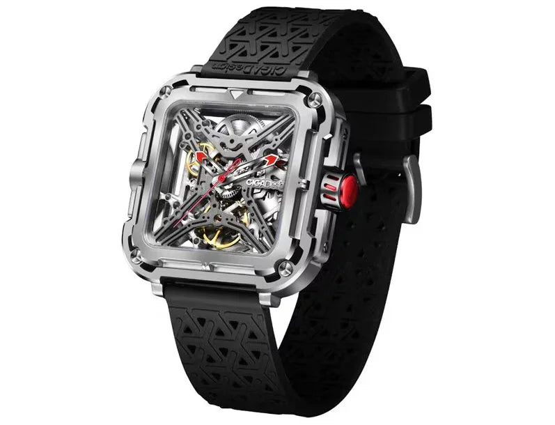 スクエア型スケルトン機械式腕時計、ブラックラバーベルトとモダンデザイン