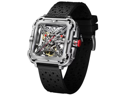 スクエア型スケルトン機械式腕時計、ブラックラバーベルトとモダンデザイン