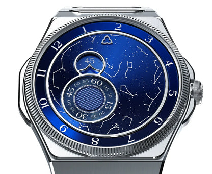 青い文字盤の高級腕時計、星座デザインとシルバーのケースが特徴